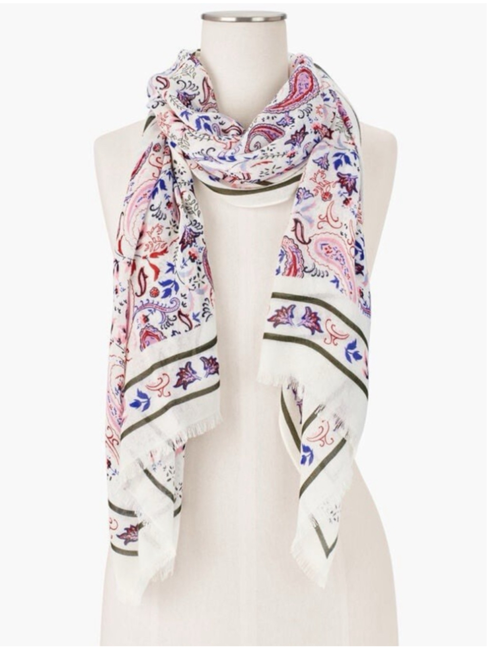 Talbots Watercolor Oblong Scarf Paisley White Blue Red Rectangle Boho Classic